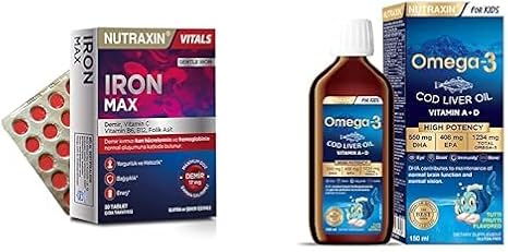 Nutraxin Iron Max 30 Tablet – Demir, C Vitamini, Folik Asit ve B12 Vitamini İçeren Takviye + Nutraxin Omega-3 for Kids 150 ml