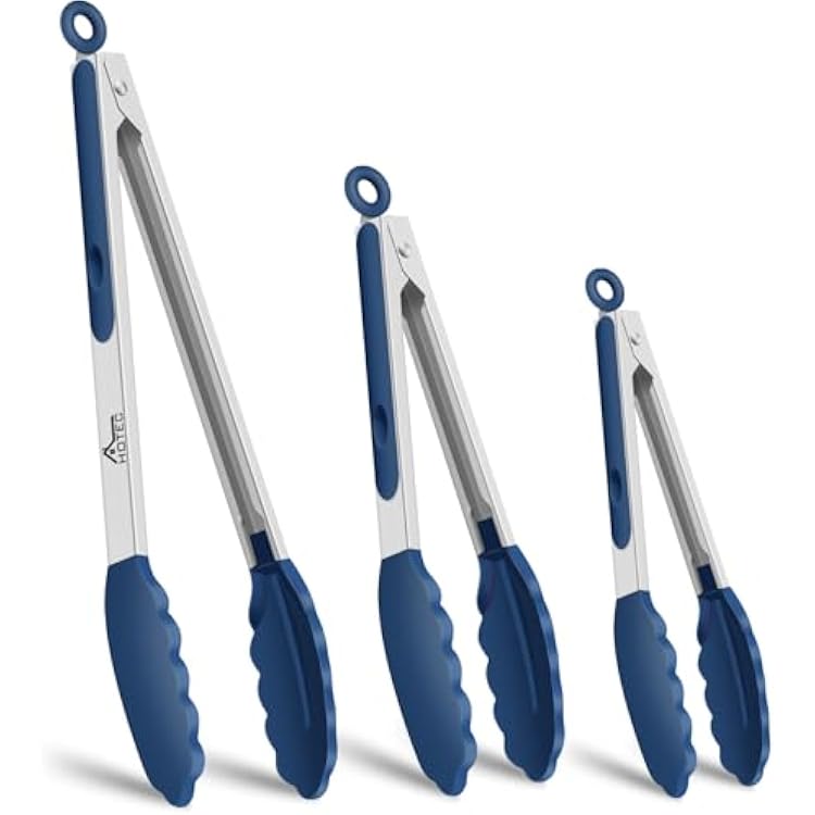 HOTEC Premium Stainless Steel Locking Kitchen Tongs with Silicon Tips, Set of 3-7, 9 and 12 Classic Blue