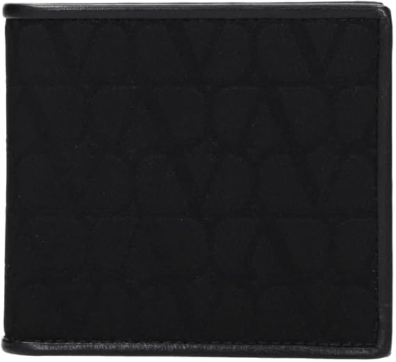 Valentino Garavani Mens V Logo Fabric Wallet Slim Bifold with 8 Card Slots (Black)