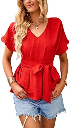 Womens V Neck Blouses Summer Causal Bow Tie Trim Short Sleeve Tops Shirts