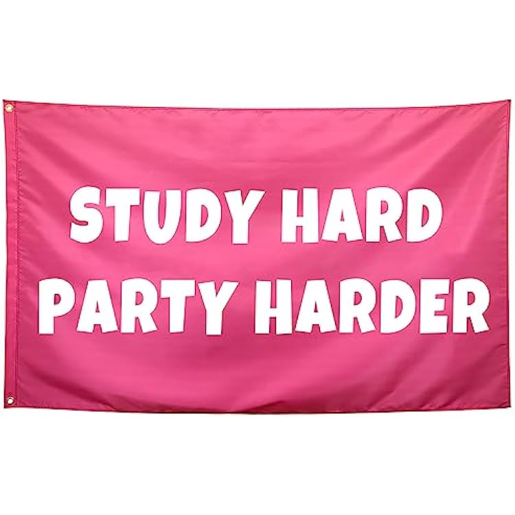 Study Hard Party Harder Flag Pink Funny College Dorm Flags for Girls Cool Girl Flags for Bedroom Room Wall Meme Flags Banner 3x5Ft Indoor Outdoor Garden Decor