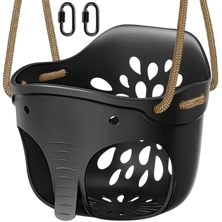 SELEWARE Heavy-Duty High Back Full Bucket Toddler Swing Seat with Locking Carabiners and Adjustable Rope, Cute Elephant Shape Design, 600LB Weight Limit Bucket Swing, Black