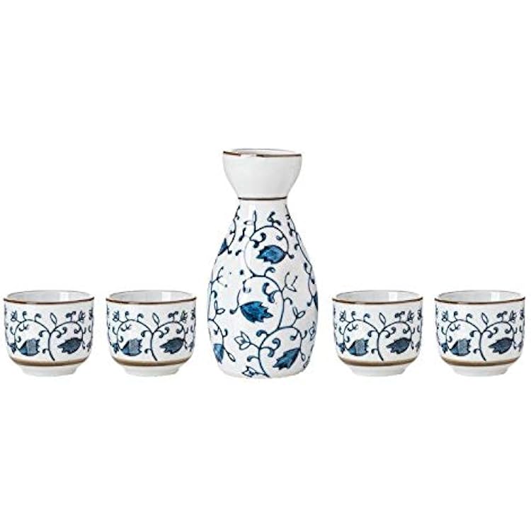 TJ Global 5-Piece Sake Set, Durable Ceramic Japanese Sake Set with 1 CarafeDecanterTokkuri Bottle and 4 Ochoko cups for Hot or Cold Sake at Home or Restaurant - White with Blue Vines