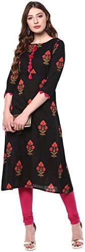 Janasya Indian Womens Cotton Black Floral Print Casual Wear Kurta for Women