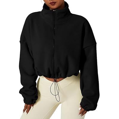 Womens Full Zip Fleece Short Jacket - Warm Winter Long Sleeve, Sherpa Crop Coat Workout Jacket - Winter Clothing