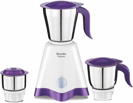 Preethi Crown MG-205 Mixer Grinder, 500 Watts, Stainless Steel 3 Jars, White & Purple Colour
