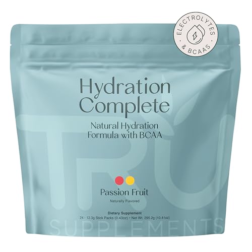 TRU Supplements Hydration Complete BCAA, Plant Based Amino Acids  Pink Himalayan Salt, Electrolytes & L-Carnitine, Vegan, Zero Calories, No Artificial sweeteners, 24 Servings, Passion Fruit