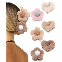 Fluffy Plush Claw Clip for Hair 6 Pcs Cute Hair Clips for Women Fuzzy Hair Barrettes Girls Hair Jaw Clips (Flower + Heart - Beige/Brown/Coffee)
