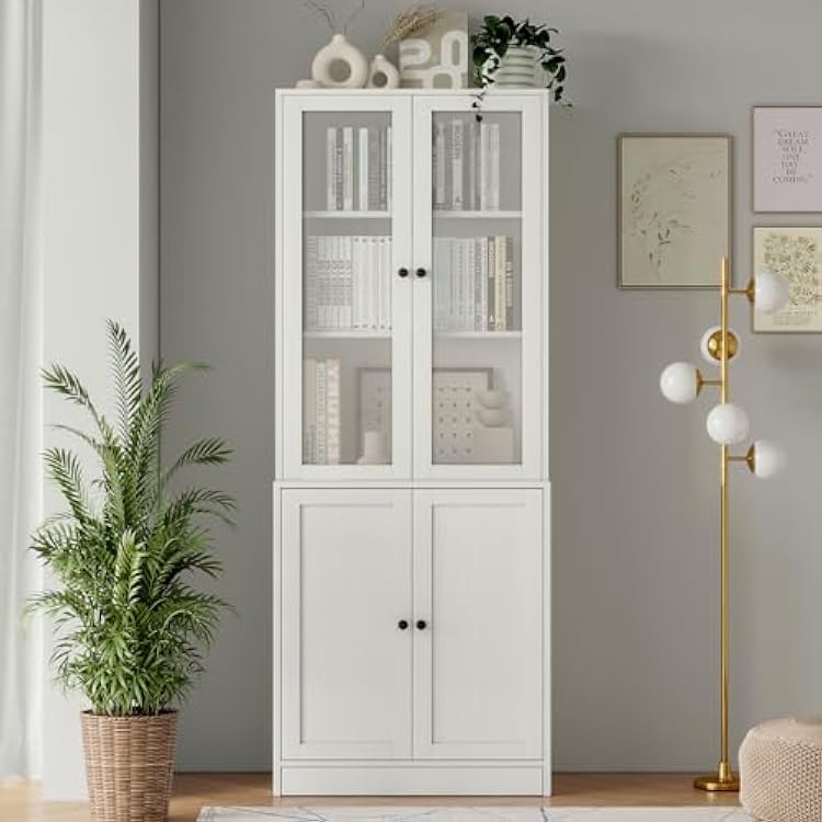 TUSY 71 Bookshelf with Doors - 5 Tier Freestanding Tall Bookcase, Modern Storage Cabinet for Home Office, Curio Cabinets with Glass Door for Living Room, Bedroom 1, White