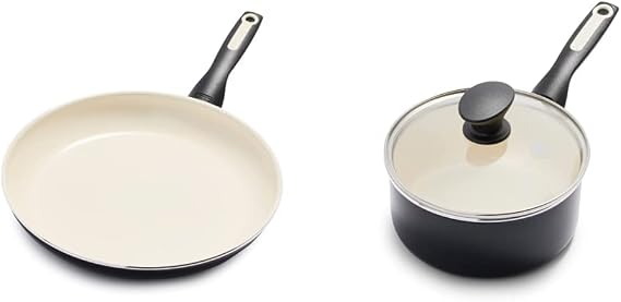 GreenPan Rio Healthy Ceramic Nonstick 12" Frying Pan Skillet, PFAS-Free, Dishwasher Safe, Black & Rio Healthy Ceramic Nonstick 2QT Saucepan Pot with Lid, PFAS-Free, Dishwasher Safe, Black