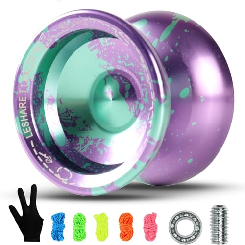 Professional Unresponsive Yoyo for Pros and Responsive Yoyos for Kids Beginners, Package Includes Replaceable Responsive Bearings, yo-yo Gloves, and 5 yo-yo CordsPurple Green