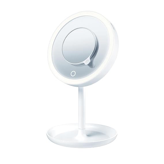 Beurer Illuminated 5X Vanity and Cosmetics Mirror, Touch Sensor Surface, Storage Tray, with Portable, Magnetic Magnifying Makeup Mirror, White LED Light and Dimmer, Cordless, 360 Rotation, BS45