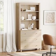 WAMPAT 71" Tall Bookcase with 3 Drawers & Open Shelves, Modern 3-Tier Bookshelf with Adjustable Shelf, Floor Standing Wooden Display Book Shelf for Home Office, Living Room, Bedroom, Light Oak