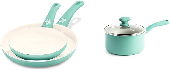 GreenLife Soft Grip Healthy Ceramic Nonstick 7" and 10" Frying Egg Omeltte Pan Skillet Set & Soft Grip Diamond Sandstone Healthy Ceramic Nonstick, 2QT Saucepan Pot with Lid