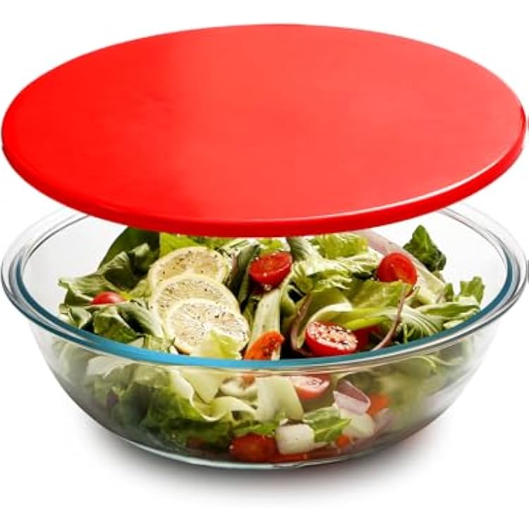 NUTRIUPS 5QT Large Tempered Glass Salad Bowl with Lid, 13 inch Clear Glass Bowls for Mixing, Prepping, Storage, Large Shallow Flat Bottom Bowl for Sourdough