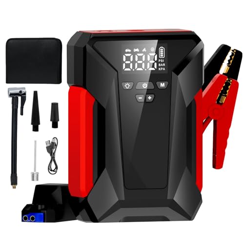 Car Jump Starter, 4000A Peak Car Battery Charger with Air Compressor, 12V Jump Box for Car Battery up to 10L Gas or 8.5L Diesel with Emergency LED Light, Power Bank, Leather Storage Bag Upgraded