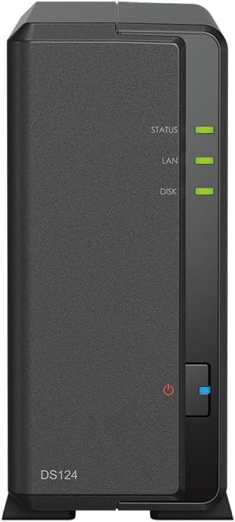 Synology DiskStation DS124 NAS Server with RTD1619B 4-Core 1.7GHz CPU, 1GB Memory, 10TB HDD Storage, 1 x 1GbE LAN Port, DSM Operating System