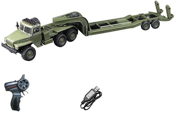 WPL 1/16 Scale RC Military Transport Truck with Trailer, RC Flatbed Trailer, 6-Wheel Drive Off-Road RC Truck with LED Headlights, Engineering Vehicle for Adults (Three Batteries)