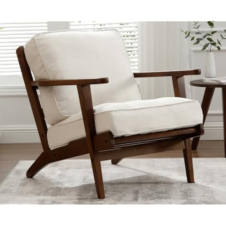 Kmax Mid Century Accent Chair Linen Fabric Reading Chair with Solid Wood Frame &amp; Removable Cushions Living Room Bedroom Comfy Leisure Chair, Beige