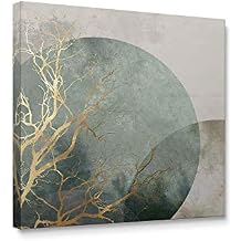 Niwo ART - Golden Branch and Moon, Golden Series Canvas Wall Art Home Decor,Stretched Ready to Hang (24"x24"x3/4")