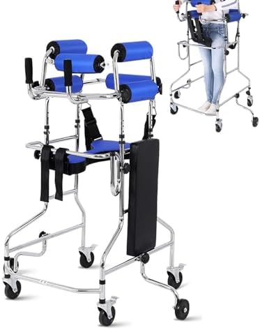 Upright Walker with Seat for Seniors, Hemiplegia Rehabilitation Standing Frame, Portable Walking Aid with 10 Adjustable Height Levels for Adults