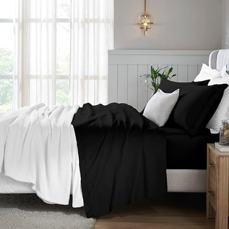 Superior Egyptian Cotton 4 Piece Sheet Set, 650 Thread Count, Eco-Friendly, Sustainable Sheets, Ultra-Soft Basics, Solid, Deep Pocket Fitted Sheet, Flat Sheet, Pillowcases, Olympic Queen, Black