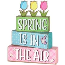 6 Pcs Spring Decorations for Home Wooden Tulips Flower Table Centerpieces Farmhouse Wood Block Signs Pastel Tulip Tabletop Easter Decor Indoor Tiered Tray Office Desk Shelf Mantel Fireplace Kitchen