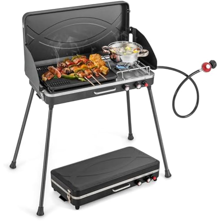 Giantex Portable Propane Grill & Camping Stove, 20,000 BTU Gas Camping Grill Burner, Independent Temperature Control, 3-Sided Wind Guard, Detachable Legs, for BBQ, Tailgating, Outdoor Cooking Black