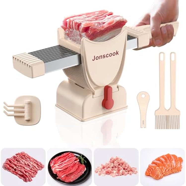 Fresh Meat Slicer, Manual Fresh Meat Cutter, Meal Prep Ideas, Adjustable Thickness 2mm or 4mm, 17 Blades get 18 Meat Slices, Meat Cleavers can be Sliced, Striped, Diced -Pink