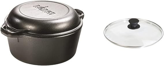 Lodge L8DD3 Cast Iron Double Dutch Oven, 5-Quart & Manufacturing Company GL10 Tempered Glass Lid, 10.25", Clear
