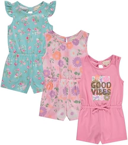 BTween Girls 3 Pack Romper Set Cute Comfy Sleeveless Summer Jumpsuits for Kids Floral, Striped Solid Designs 4-16