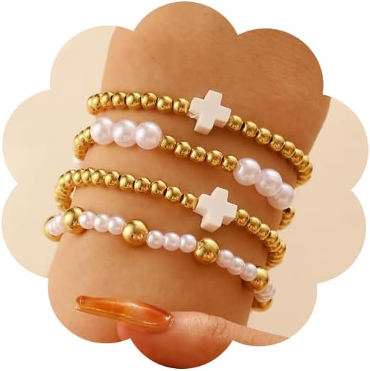 CJIAYUJEW Gold Beaded Bracelet Stack for Women Stretch Cross Pearl Black&gold Beaded Bracelets Set Stackable Jewelry