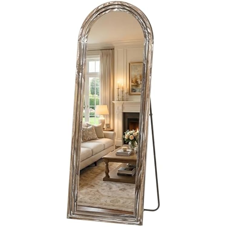 Arched Full Length Floor Mirror 63x21, Triple-Layer Solid Wood Frame, Rustic White Farmhouse Full Body Mirror with Stand for Bedroom, Living Room, Entryway & Hallway Home Decor