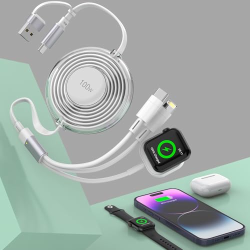 100W Retractable Multi 5-in-1 USB AType C to LightningUSB CApple Watch Charger Cable,Super Fast Charging Cord for iWatch Series9 8 7 6 5 4 3 2 SEiPhone 15 14 13 12 11 iPad ProSamsung-White
