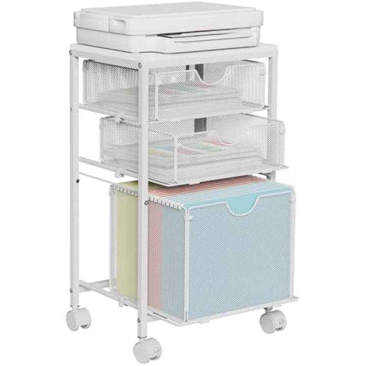 Rolling File Cart with 3 Storage Drawers, Wood & Mesh Hanging File Folder Organizer with Wheels Under Desk, File Cabinets for Home Office, 11.81 D x 14.8 W x 25.39 H, White