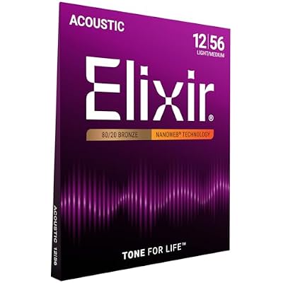 Elixir Strings, Acoustic Guitar Strings, 8020 Bronze with NANOWEB Technology, Longest-Lasting Bright and Focused Tone For Life with Comfortable Feel, 6 String Set, LightMedium 12-56