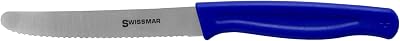 Swissmar UtilityTomato Knife – 4.3 German Stainless Steel Blade – Swiss Made One-Piece Design – Blue Polypropylene Handle – Precision Cutting – Safety Sleeve Included – Kitchen Prep Knife