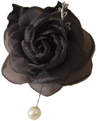 Elegant Black Rose Brooch with Pearl Pin Womens Fashion Flower Lapel Pin for Dress, Scarf, Coat, Wedding, Party & Formal Occasions BR41