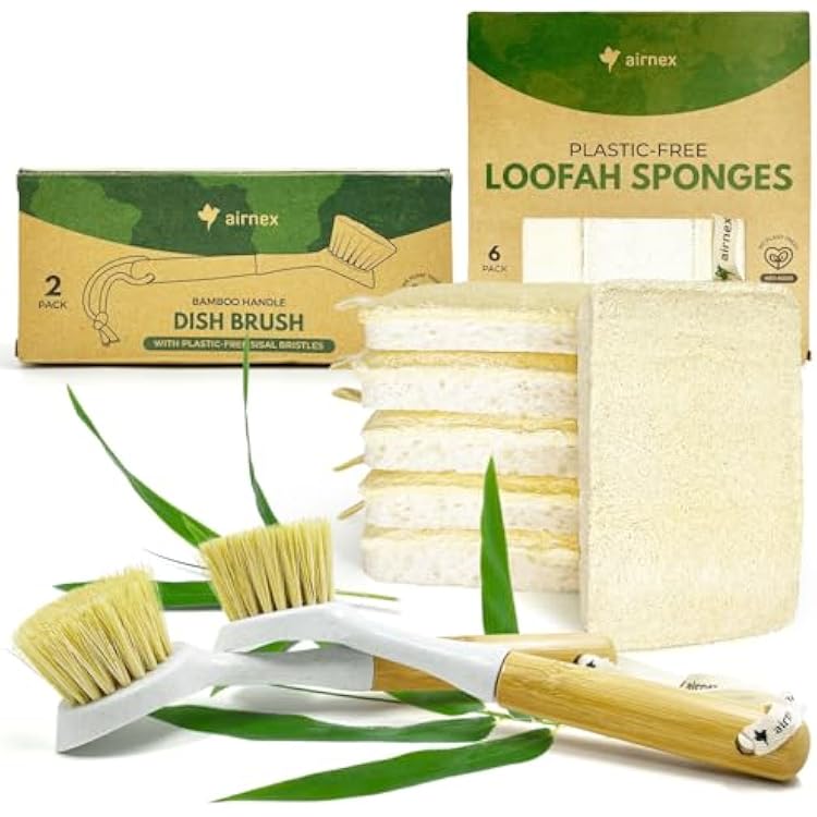 Bamboo Dish Brush & Plastic-Free Loofah Sponges Eco-Friendly Scrubbers for Dishes, Pots, Pans, and Sink 2 Sisal Brushes with Scraper & 6 Compostable Sponges with Cotton Loop