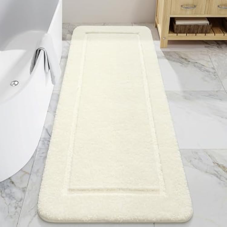 LOCHAS Bathroom Rugs, 24 x 60 Long Bath Rug, Non Slip Washable Bathroom Runner Rug Soft Thick Absorbent Bath Mat for Shower, Shaggy Plush Luxury Large Bath Rug, Cream White