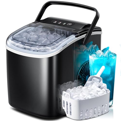 Countertop Ice Maker Machine with Handle, Portable Maker, 27lbs24Hrs, 7Mins9 Pcs ice Cubes, Self-Cleaning Table Top Maker with Ice BasketScoop, for HomeKitchenOfficeBlack