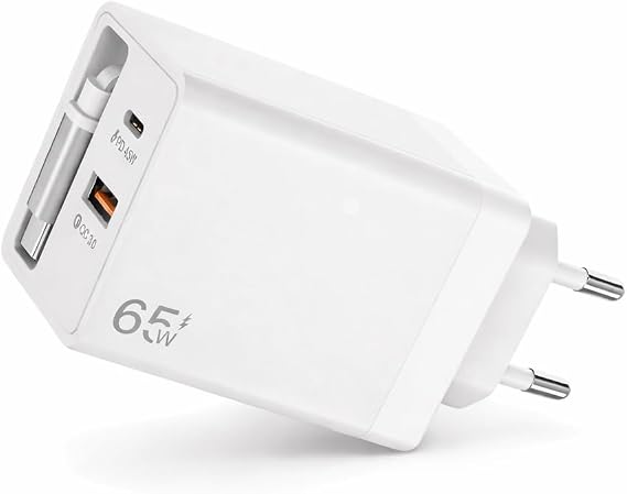 65W Süper Hızlı Şarj Adaptörü – PD 45W + QC 3.0 Çekilebilir Kablolu Beyaz