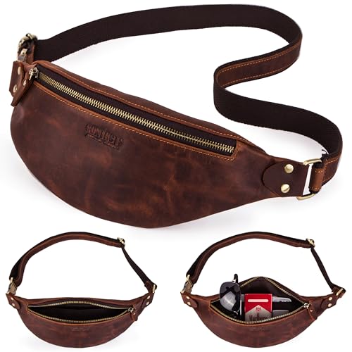 Top Grain Genuine Leather Slim Waist Pack for Man & Woman, Minimalist Vintage Design, Handmade with Detachable Hardware, Slim Fanny Pack Small Crossbody Belt Bag for Traveling or Riding, Coffee
