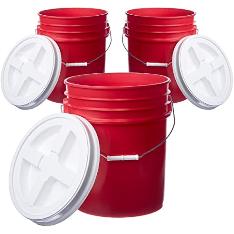 Hudson Exchange 5 Gallon 3 Pack Bucket Pail Container with Gamma Seal Lid, Food Grade BPA Free HDPE, Red