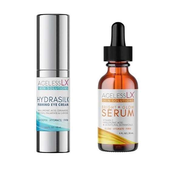 AgelessLX - Hydrasilk Eye Cream - Firming Under Eye Cream 0.5 OZ + Bright and Glow Face Serum 1 Fl OZ Bundle