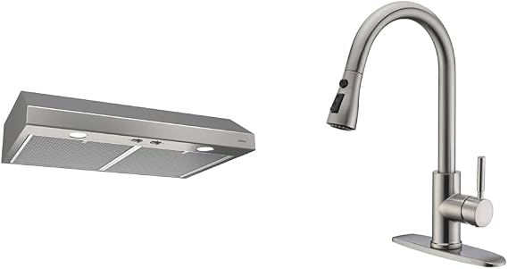 Broan-NuTone BCSD130SS Glacier Range Hood with Light, Exhaust Fan for Under Cabinet & WEWE Single Handle High Arc Brushed Nickel Pull Out Kitchen Faucet