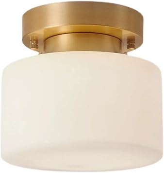 Drum Glass Ceiling Light Modern Retro Brass Semi Flush Mount Ceiling Lights Fixture, Classic Milk White Glass Hallway Lighting Fixture, Nordic Vintage Brushed Close to Ceiling Lamp, E27