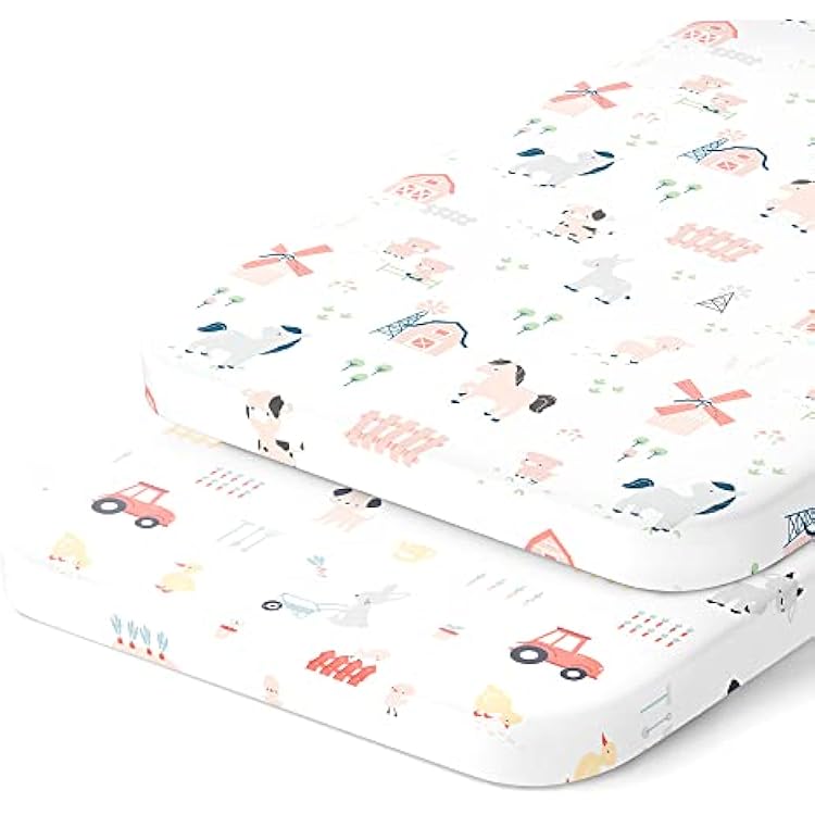 Bassinet Fitted Sheets Compatible with Arms Reach Cosleeper Versatile, Clear-Vue, Cambria and Mini Snuggly Soft 100% Jersey Cotton Farm Animals 2 Pack Not for Ideal Ezee