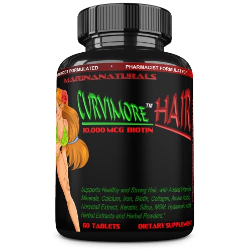 CURVIMORE Hair Growth, Hair Loss Mixture. Biotin 10000mcg, Keratin, Collagen, Silica, Horsetail  35 Vitamins, Minerals, Amino Acids and Herbs. 60 Tablets