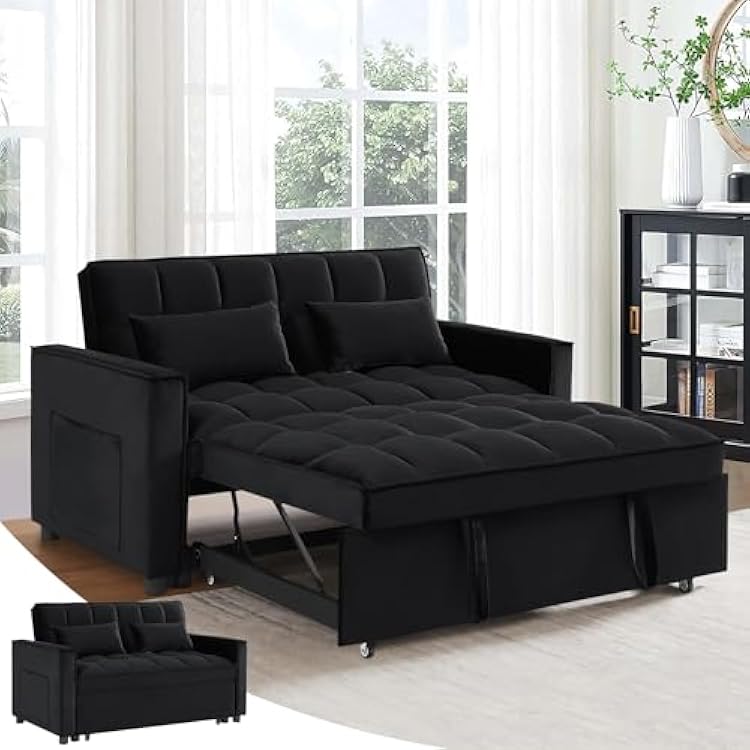 Antetek 3 in 1 Convertible Sleeper Sofa Bed, Modern Velvet Loveseat Futon Couch wPullout Bed, Small Love Seat Lounge Sofa wReclining Backrest, Toss Pillows, Pockets, Furniture for Living Room, Black
